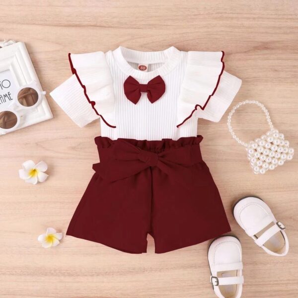 2024H0 Toddler Girl Summer Clothes Sets 2pcs Short Sleeve Ribbed Ruffled Bowknot T Shirt Shorts Kids Girls Clothing