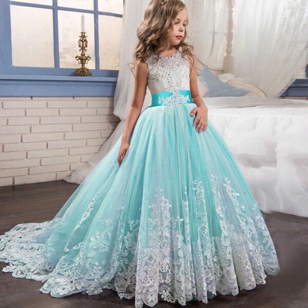 Hot Sale Modest Flower Girl Dress Lace Top Tulle Skirt Kids Party Evening Gown Pageant Dresses Girls