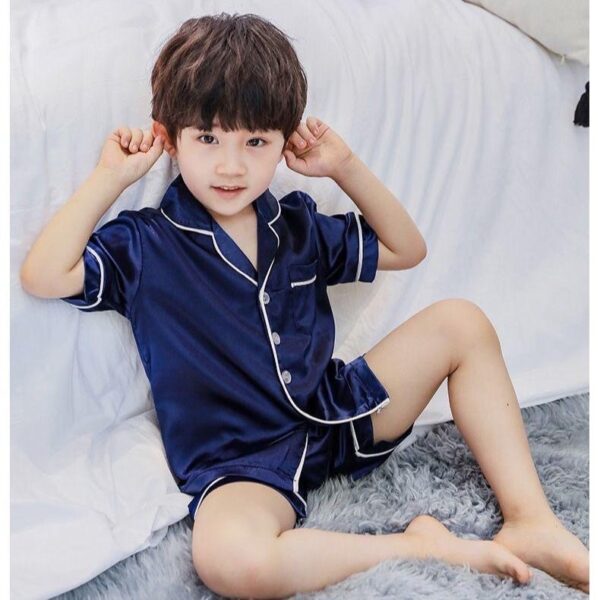 Short sleeve girls and boys solid color sleepwear sets children summer homewear kids silk pyjamas pajamas - Image 5