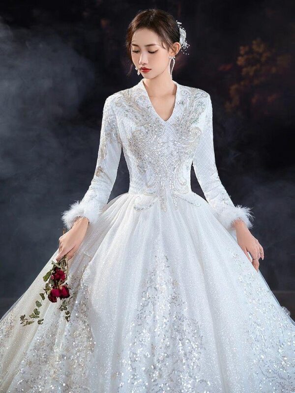 Luxury Beadings Wedding Dress Shiny Sequins Long Sleeves Sweetheart Sweep Train Gowns - Image 3