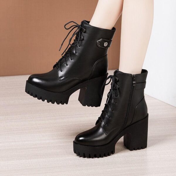 Soft cowhide high heel thick platform boots women's British style 2020 Autumn/Winter ankle large size skinny