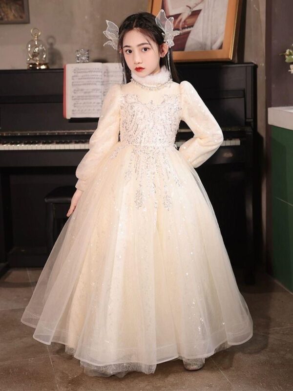 High Quality Cotton Mesh Girls' Formal Dress O-Neck with Long Sleeves Ruffles Solid Pattern Autumn Winter Sweet Style