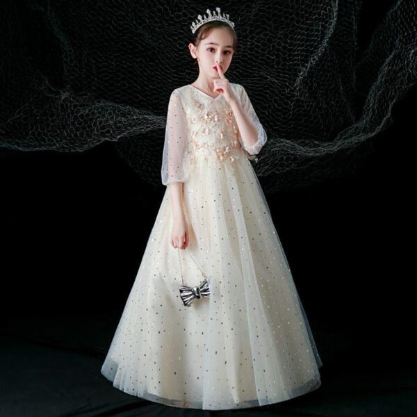 S906Q Gray children's long-sleeved princess dress high-end girls piano performance dress Western-style model birthday dress - Image 3