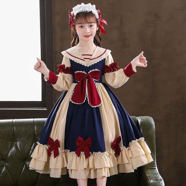 European and American girls Patchwork Stitching color Peter pan Collar Bow-knot lace Lolita princess dress - Image 2