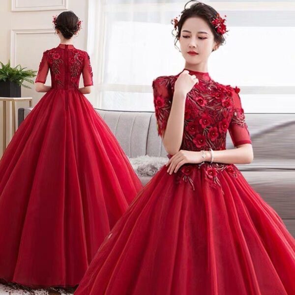 B028 Elegant Women Half Sleeves High Neck Tulle Red Evening Dress Graduation Party Dresses Design - Image 2