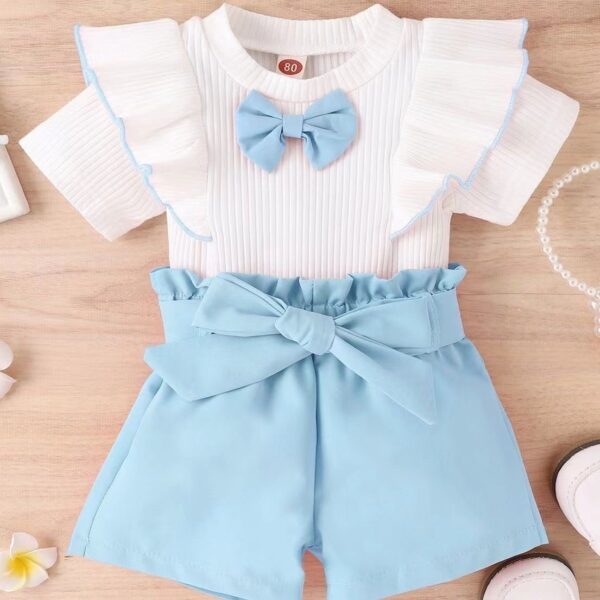 2024H0 Toddler Girl Summer Clothes Sets 2pcs Short Sleeve Ribbed Ruffled Bowknot T Shirt Shorts Kids Girls Clothing - Image 3