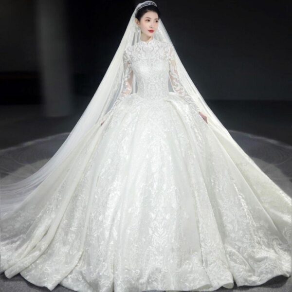 Long-sleeved French light main wedding dress new winter bride wedding temperament dream court starry sky trailinv - Image 2