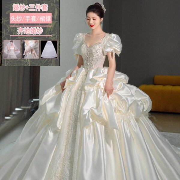 Satin main wedding dress 2024 new princess bride small heavy industry French luxury high-end long trailing large size