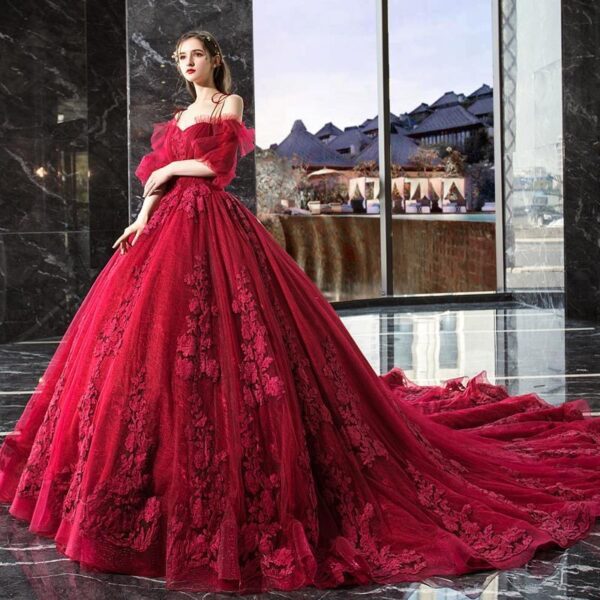 SUNNY Red Maternity Large Size Slimming One-line Shoulder Train Wedding Dress - Image 3