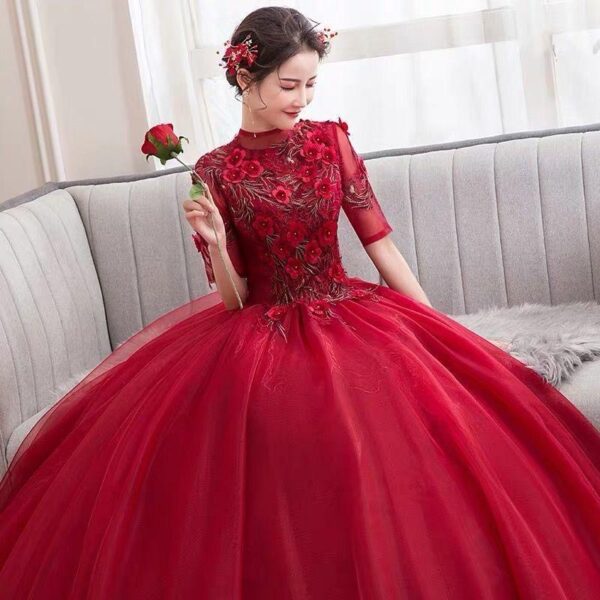 B028 Elegant Women Half Sleeves High Neck Tulle Red Evening Dress Graduation Party Dresses Design - Image 3