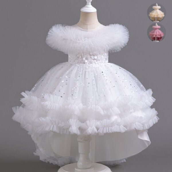 Summer Girls Lace Dresses Ruffles Sleeve Christmas Children's Day Party Gown Kid Trailing Dress Flower Girl Princess Dress See - Image 3