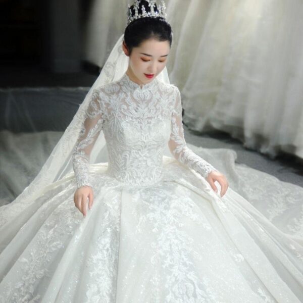 Long-sleeved French light main wedding dress new winter bride wedding temperament dream court starry sky trailinv