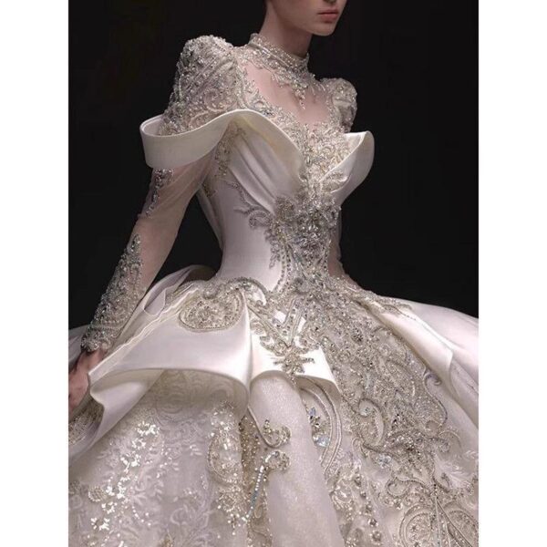 Jancember XS012 Luxury High Neck Long Sleeve Beading Ball Gown Satin Wedding Dresses ★ - Image 3