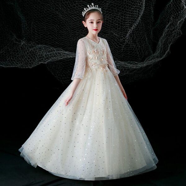 S906Q Gray children's long-sleeved princess dress high-end girls piano performance dress Western-style model birthday dress - Image 4