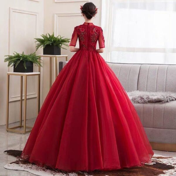 B028 Elegant Women Half Sleeves High Neck Tulle Red Evening Dress Graduation Party Dresses Design - Image 4