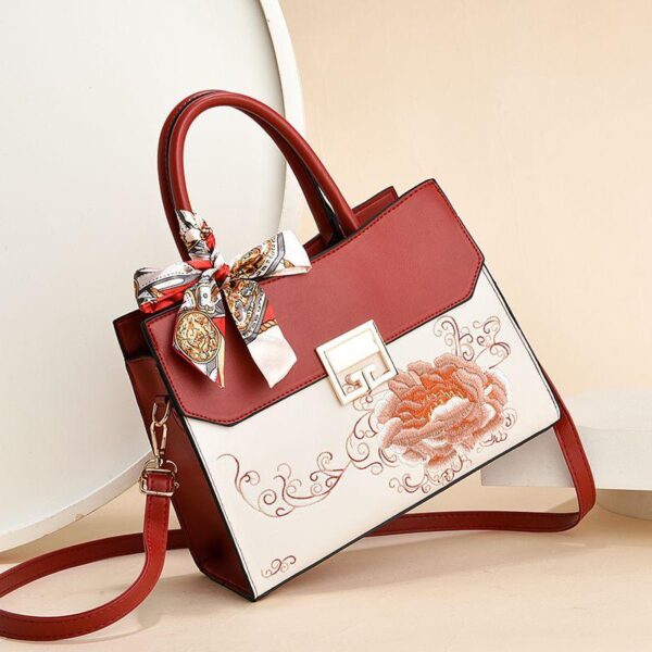 Chinese Peony Embroidered PU Handbag - Image 4