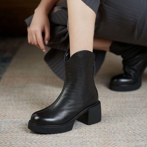 Women Classic Midi Calf Ankle Boots Waterproof Slim Pointy Toe Chunky Heels Zip-up Booties for Ladies Femme Botas Footwear Shoes - Image 2