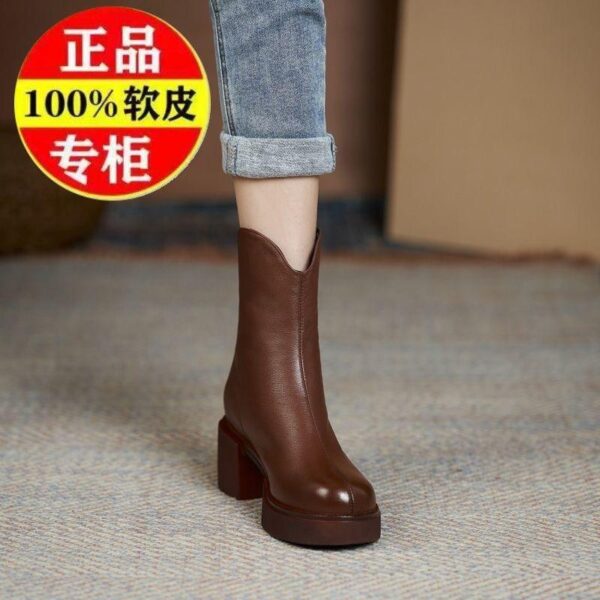 Women Classic Midi Calf Ankle Boots Waterproof Slim Pointy Toe Chunky Heels Zip-up Booties for Ladies Femme Botas Footwear Shoes