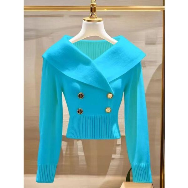 2024 small fashion small fragrance style white large lapel knitwear women's autumn and winter western style waist slimming sweater - Image 3