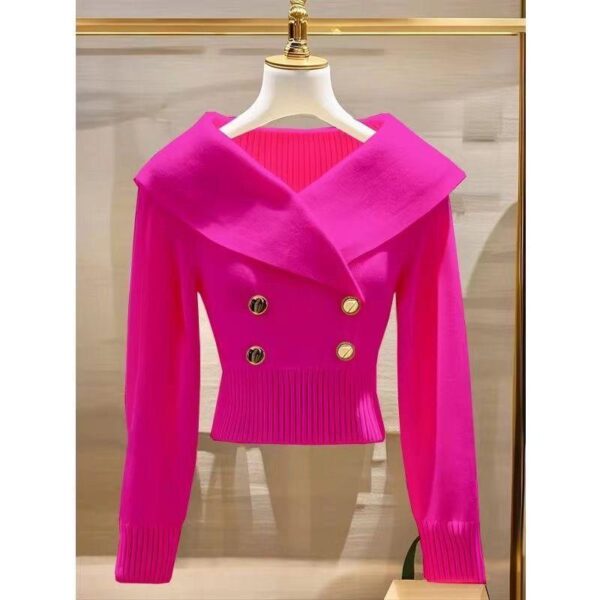 2024 small fashion small fragrance style white large lapel knitwear women's autumn and winter western style waist slimming sweater