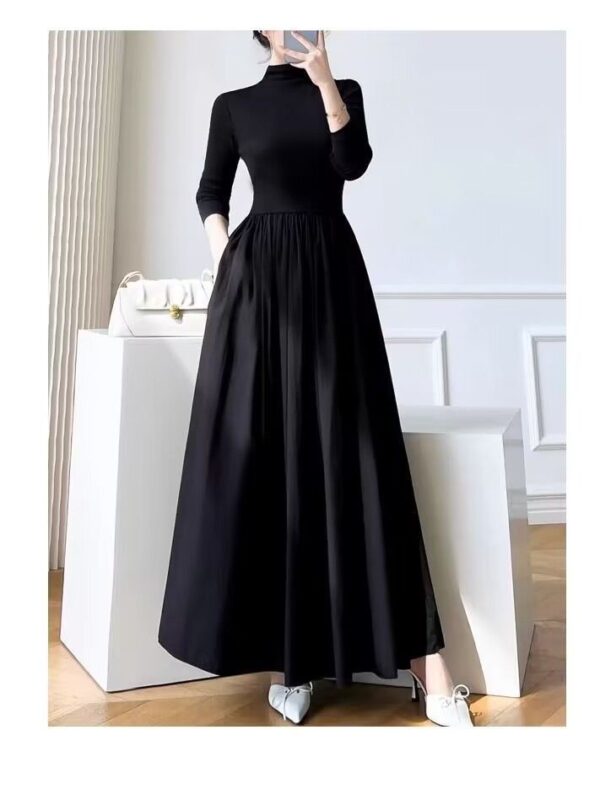 Black long-sleeved Hepburn-style dress women's autumn new high-end waist slim temperament large swing long skirt - Image 3