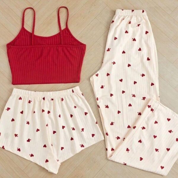 Pyjamas Spring and Autumn Niche Sweet and Cute Love Print Three-piece Set High-end Suspender Shorts Trousers Sexy Homewear