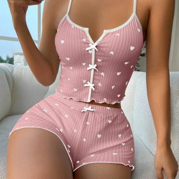 Newest popular 2024 Heart shaped print contrast color home wear front slit halter pajamas set wholesale - Image 8