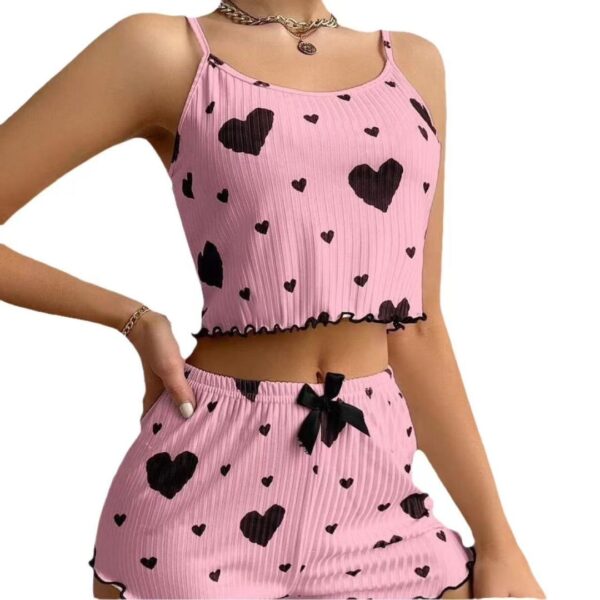 Newest popular 2024 Heart shaped print contrast color home wear front slit halter pajamas set wholesale - Image 9