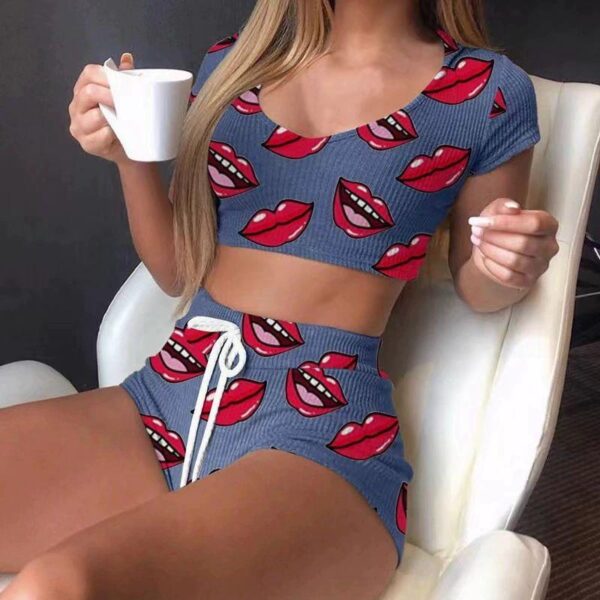 European and American style fashion printed hot girl two-piece set thin navel short top shorts sexy Homewear set - Image 2