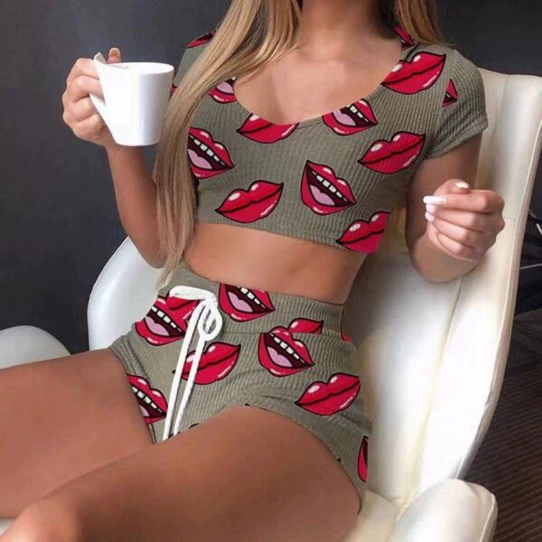 European and American style fashion printed hot girl two-piece set thin navel short top shorts sexy Homewear set - Image 4