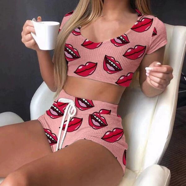 European and American style fashion printed hot girl two-piece set thin navel short top shorts sexy Homewear set - Image 5