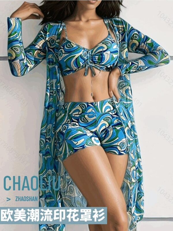 New European and American high-end swimsuit feminine bikini three-piece set digital printed outer flat pants Beach Swimwear