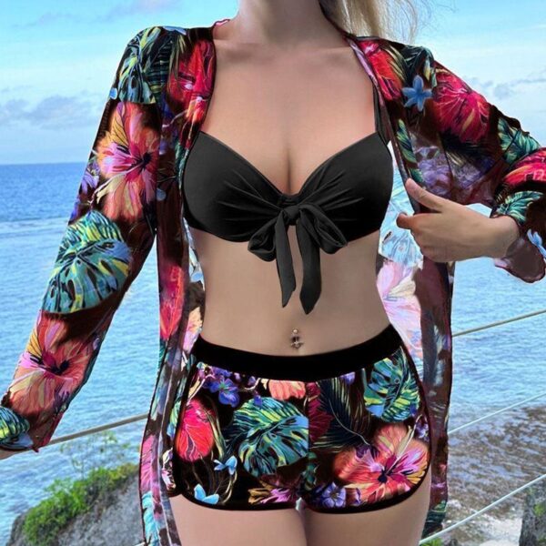 2024 fashion European and American style new blouse bikini sexy gathering three-piece set Printed split-body - Image 2