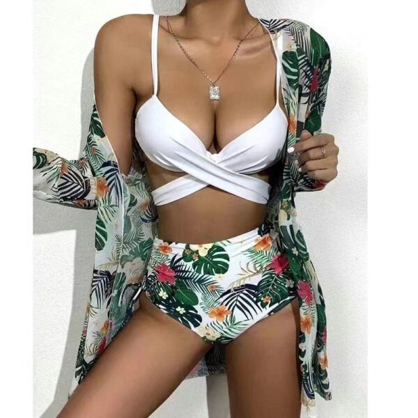 2024 fashion European and American style new blouse bikini sexy gathering three-piece set Printed split-body