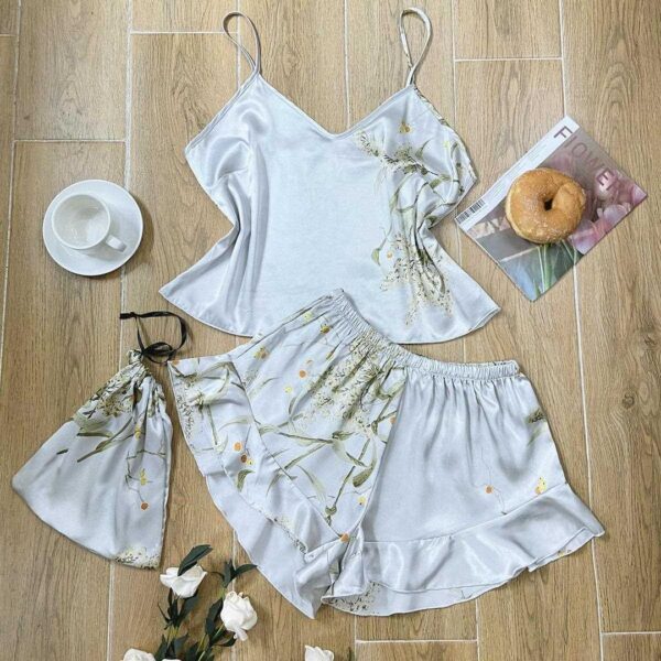 Cross-border spring and summer imitation silk pyjamas two-piece set fashion printed shorts homewear set sexy Suspender skirt - Image 5