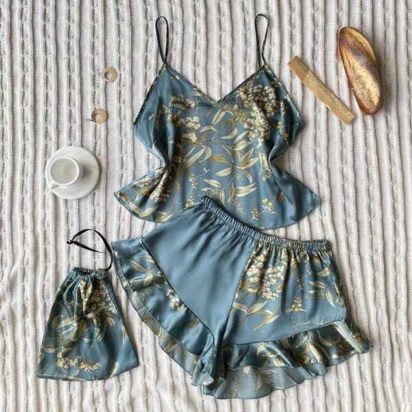 Cross-border spring and summer imitation silk pyjamas two-piece set fashion printed shorts homewear set sexy Suspender skirt - Image 3