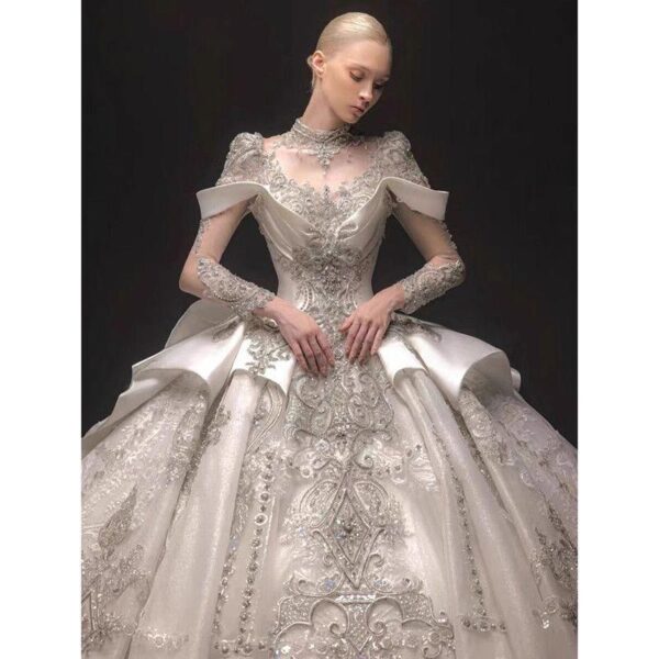 Jancember XS012 Luxury High Neck Long Sleeve Beading Ball Gown Satin Wedding Dresses ★ - Image 2