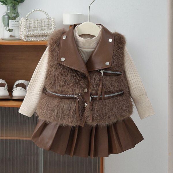 Girls' Autumn/Winter Plush Set 2024 New Western Style Sweater Baby Shoulder Children's Fur Vest 3-Piece Set