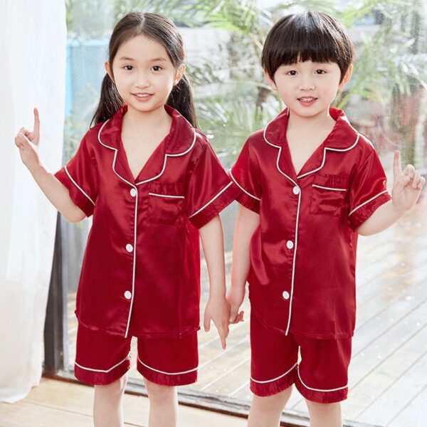 Short sleeve girls and boys solid color sleepwear sets children summer homewear kids silk pyjamas pajamas - Image 2