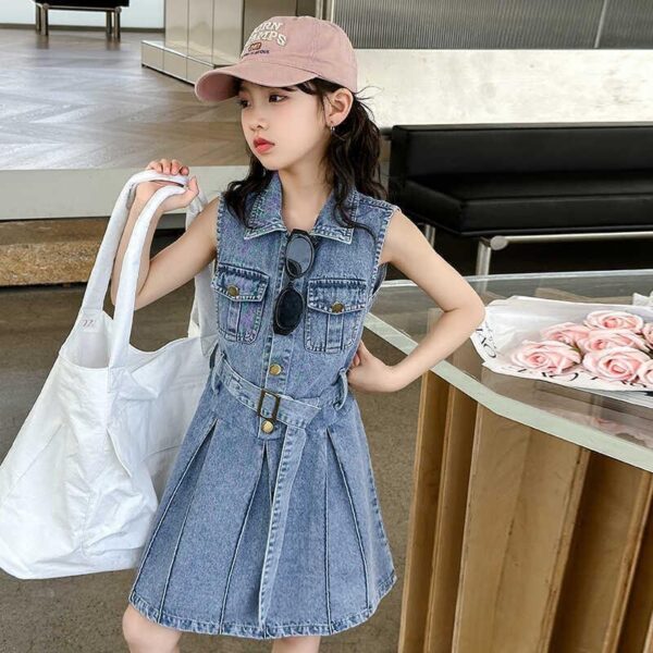 New Stylish Teenager Girls Washed Blue Turn-down Collar Sleeveless Jean Dress