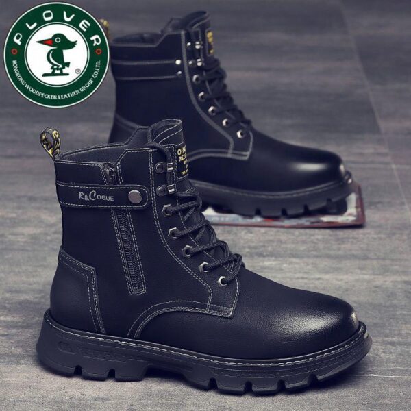 2025 New Boots Men's Black Leather Boots All-match Casual Trendy High-top Pu Boots