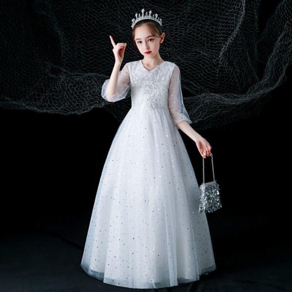 S906Q Gray children's long-sleeved princess dress high-end girls piano performance dress Western-style model birthday dress - Image 2