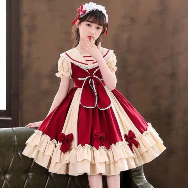 European and American girls Patchwork Stitching color Peter pan Collar Bow-knot lace Lolita princess dress