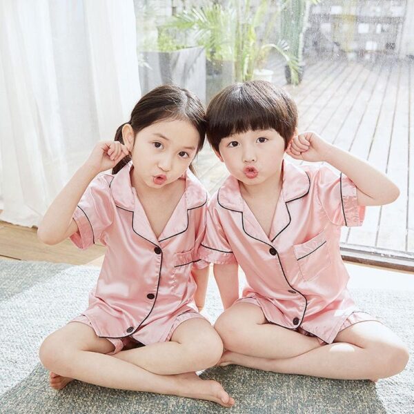 Short sleeve girls and boys solid color sleepwear sets children summer homewear kids silk pyjamas pajamas