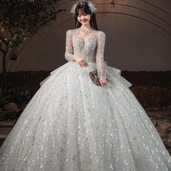 ZX-593 Long sleeve deep v-neck French wedding dress 2023 new heavy industry wind drag tail bride main yarn - Image 3