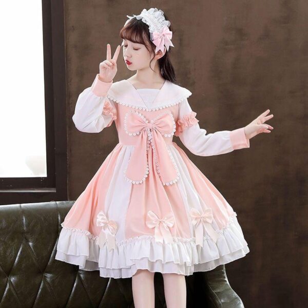 European and American girls Patchwork Stitching color Peter pan Collar Bow-knot lace Lolita princess dress - Image 3