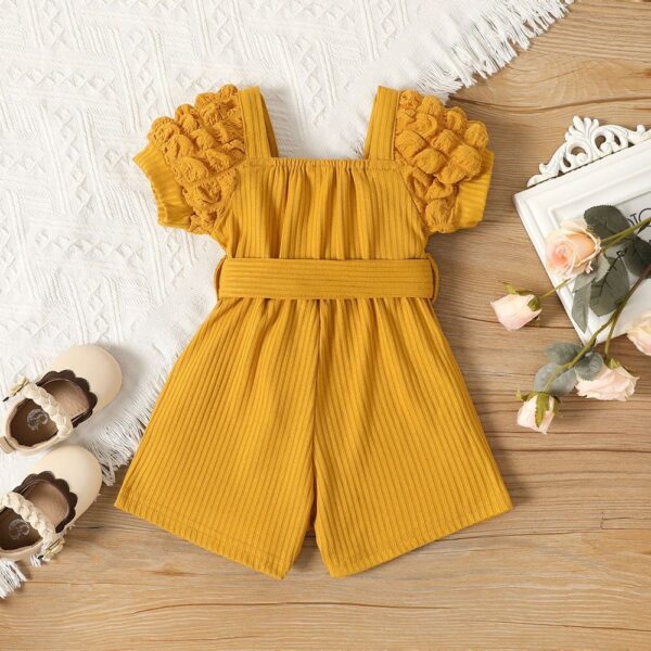 Cross border baby summer style small square neck bubble sleeve belt fashionable jumpsuit shorts