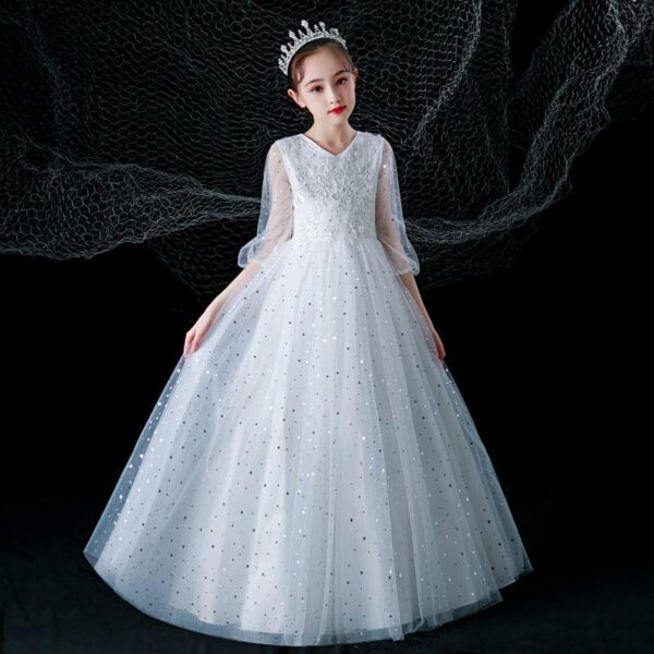 S906Q Gray children's long-sleeved princess dress high-end girls piano performance dress Western-style model birthday dress