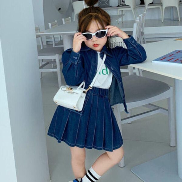 Shuoyang girls dress manufacturer 2024 autumn new girls denim suit lapel denim shirt pleated skirt china kids clothing