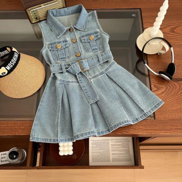 Hot sale Fashionable and Elegant 3-8 years old girl sleeveless lapel denim dress Factory Direct Sale - Image 2